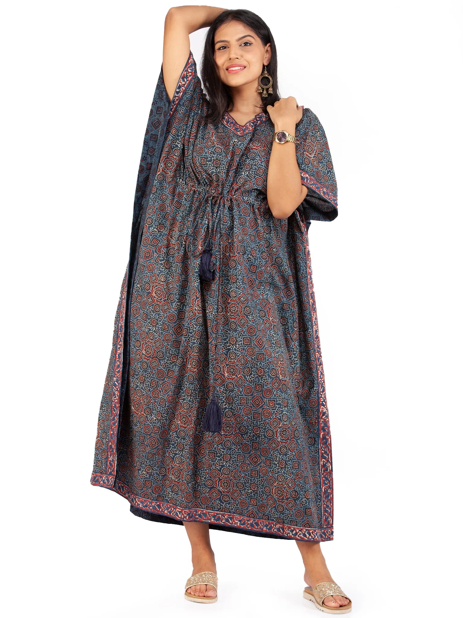Indigo Red Black Ajrakh Hand Block Printed Kaftan - K148F1797