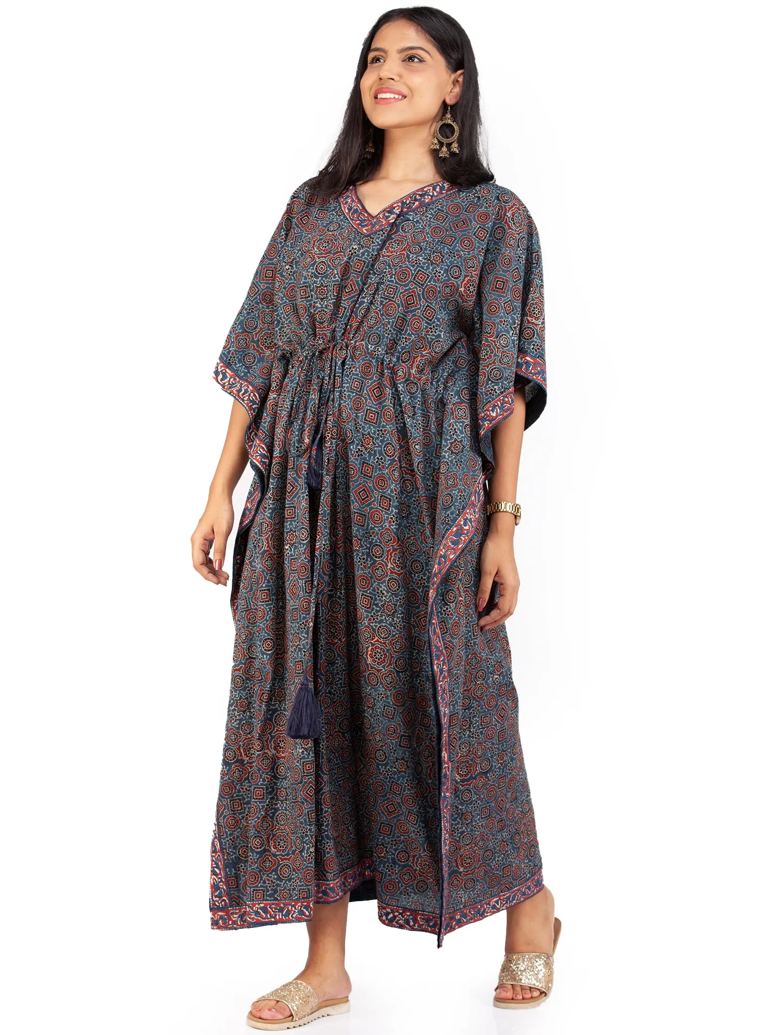 Indigo Red Black Ajrakh Hand Block Printed Kaftan - K148F1797