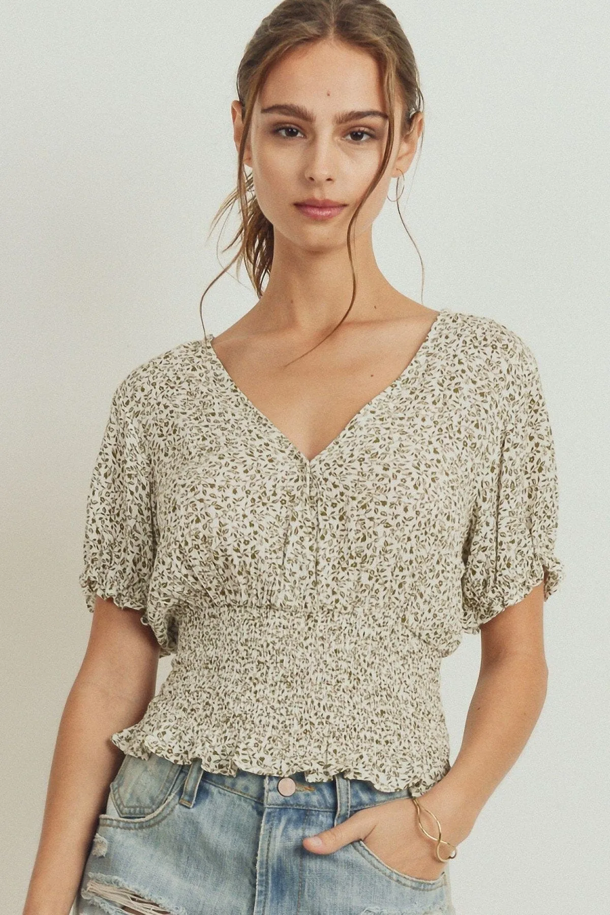 Ivory Olive Floral V neck short Puff Sleeve Smocked Waist Summer tops_