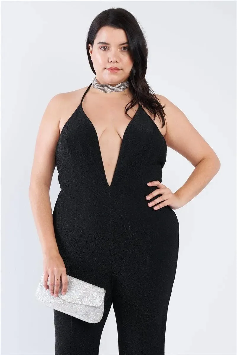 Junior Plus Size Black Shimmer Deep V-Neck Halter Flare Leg Jumpsuit /2-2-2