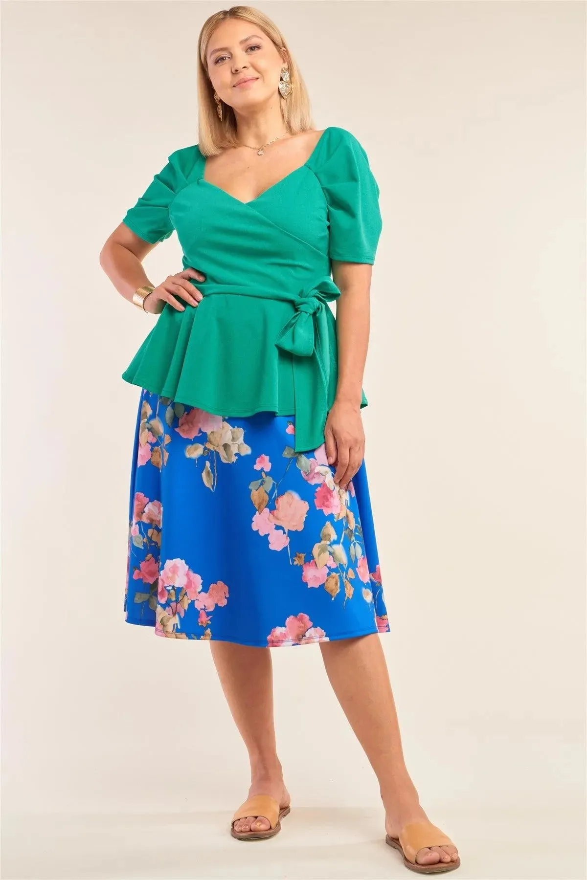Junior Plus Size Green V-Neck Mini Puff Sleeve Pleated Wrap Self-Tie Waist Flared Hem Top