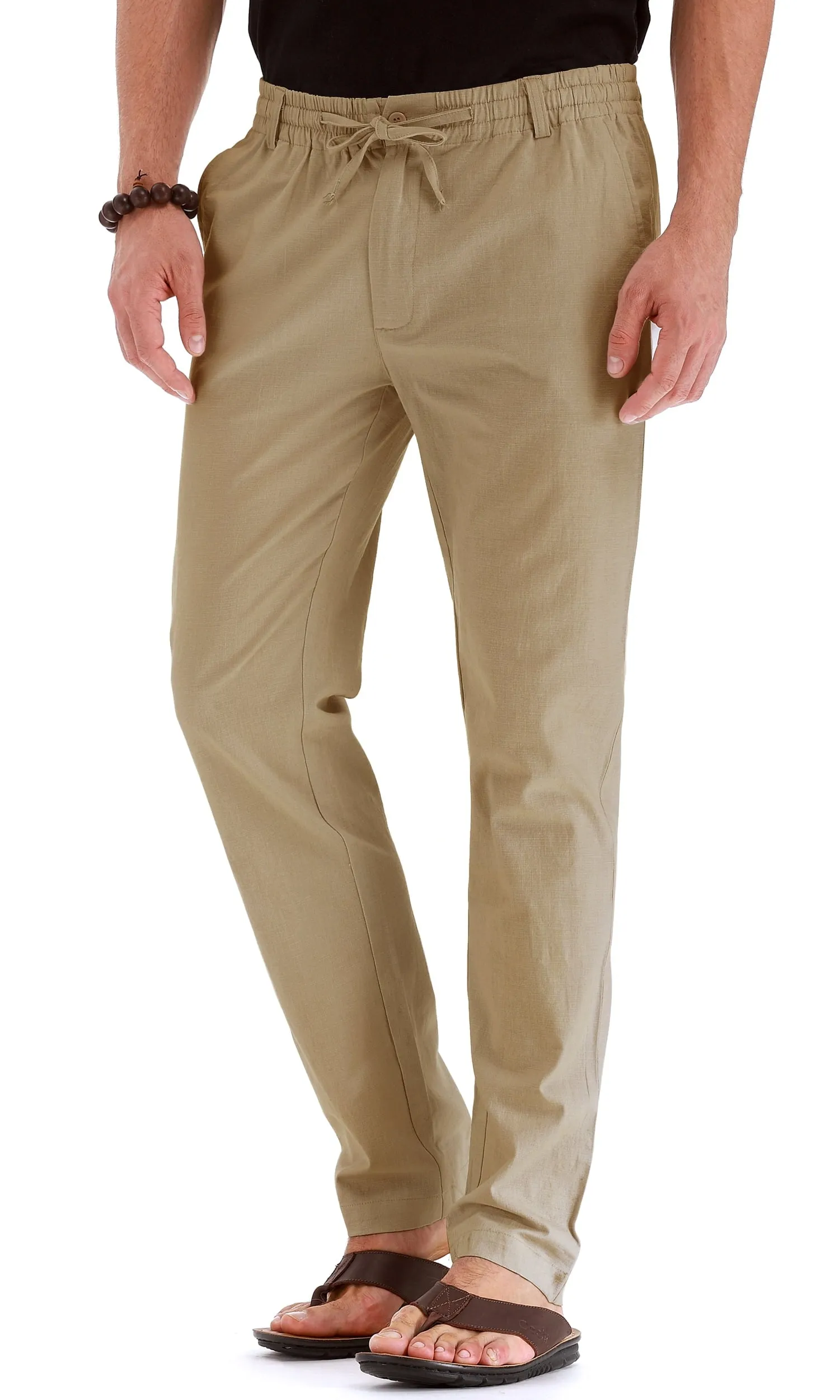 JWD Men's Drawstring Linen Pants Casual Summer Beach Loose Trousers Gray Khaki-US 34