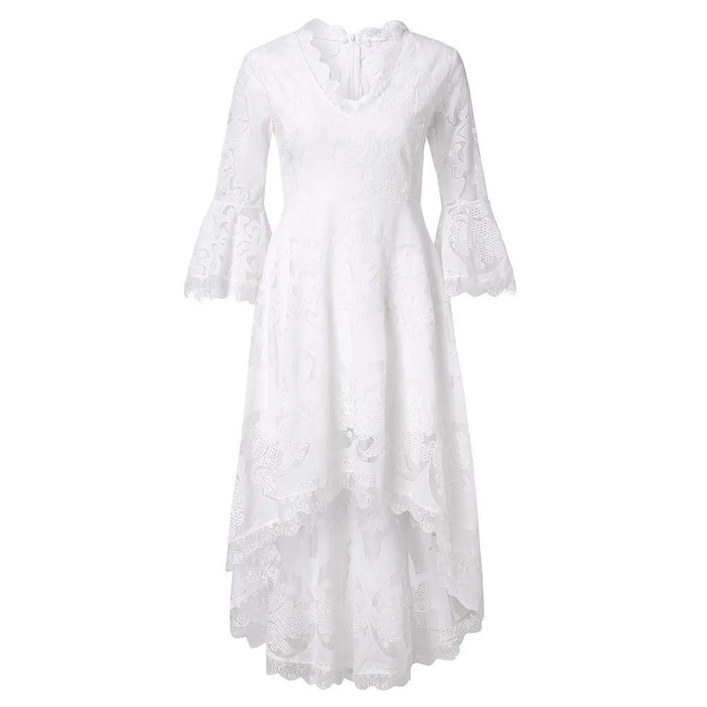 Lace Mesh Long Sleeve V-Neck Maxi Dress