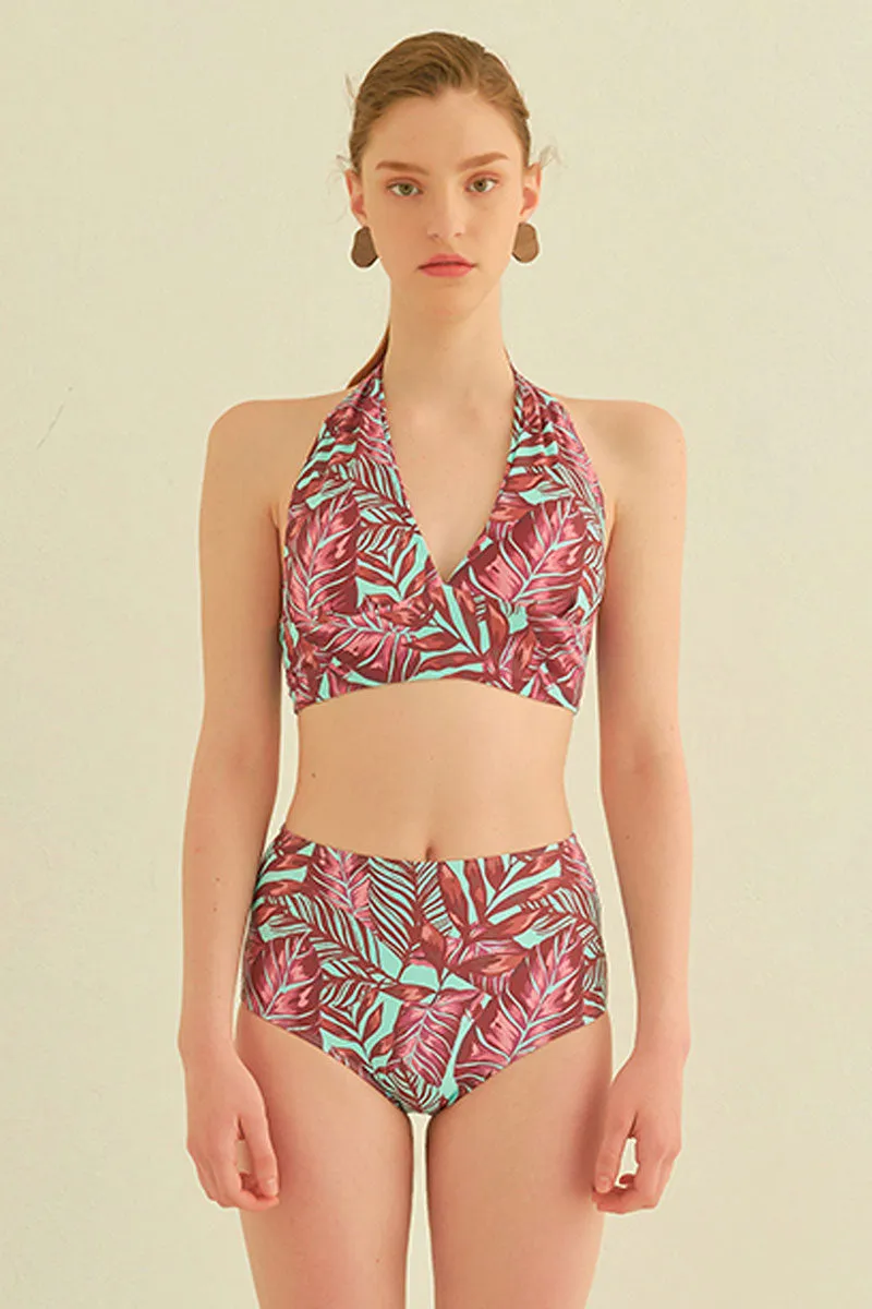 Leaf Print Feminine Halter Collar Bikini