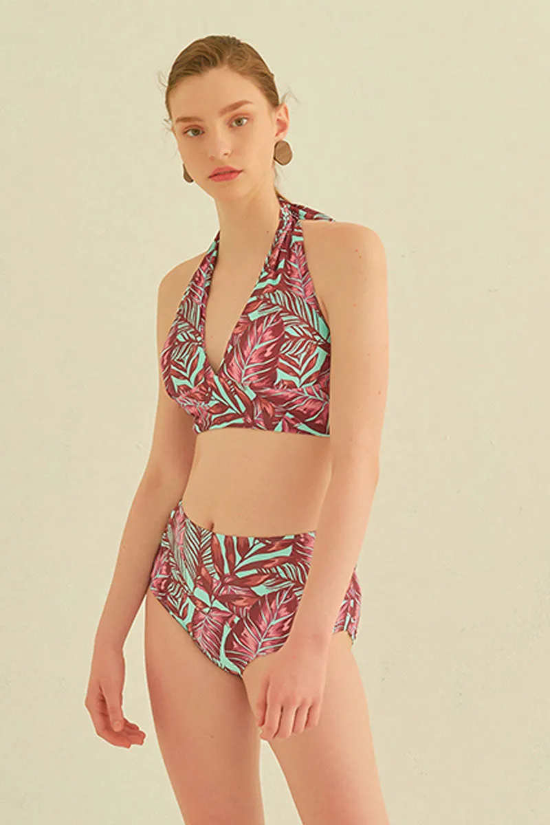 Leaf Print Feminine Halter Collar Bikini