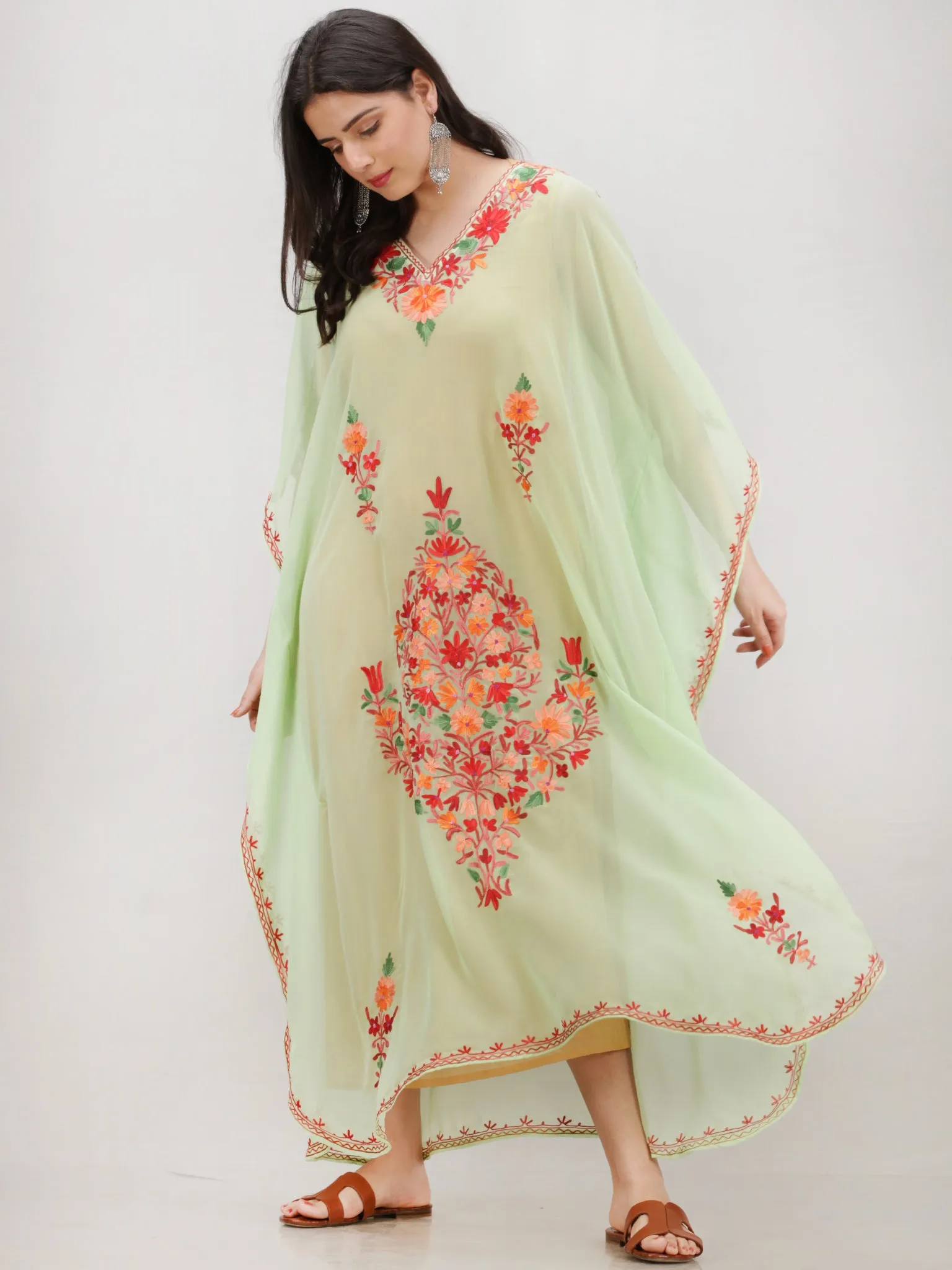 Light Green Multicolor Aari Embroidered Kashmere Free Size Georgette Kaftan  - K12K011