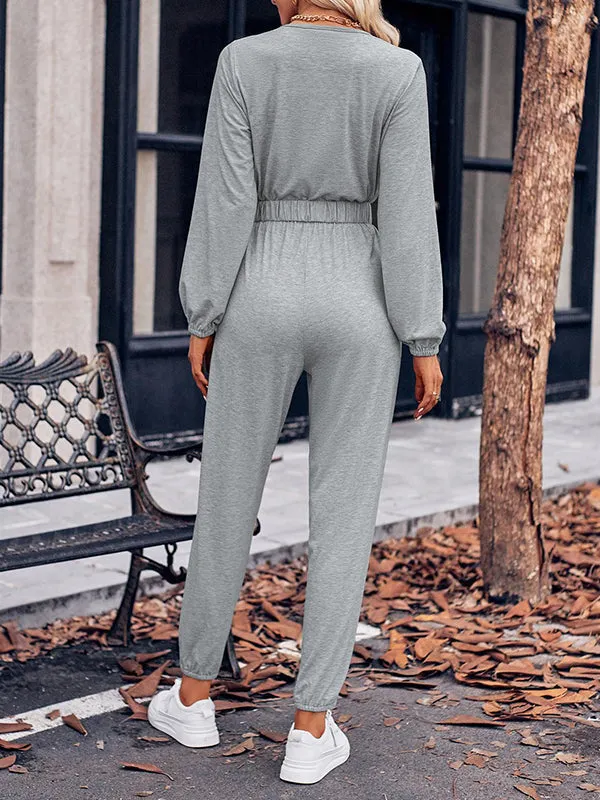 Long Sleeves Belted Elasticity V-Neck Jumpsuits