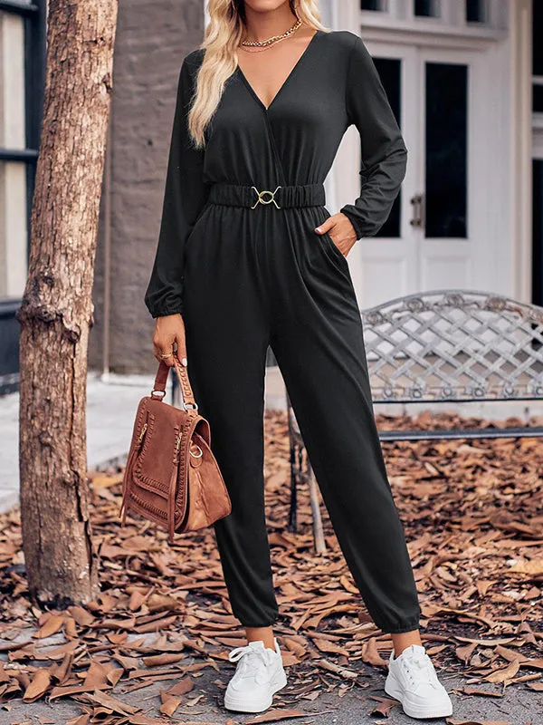 Long Sleeves Belted Elasticity V-Neck Jumpsuits