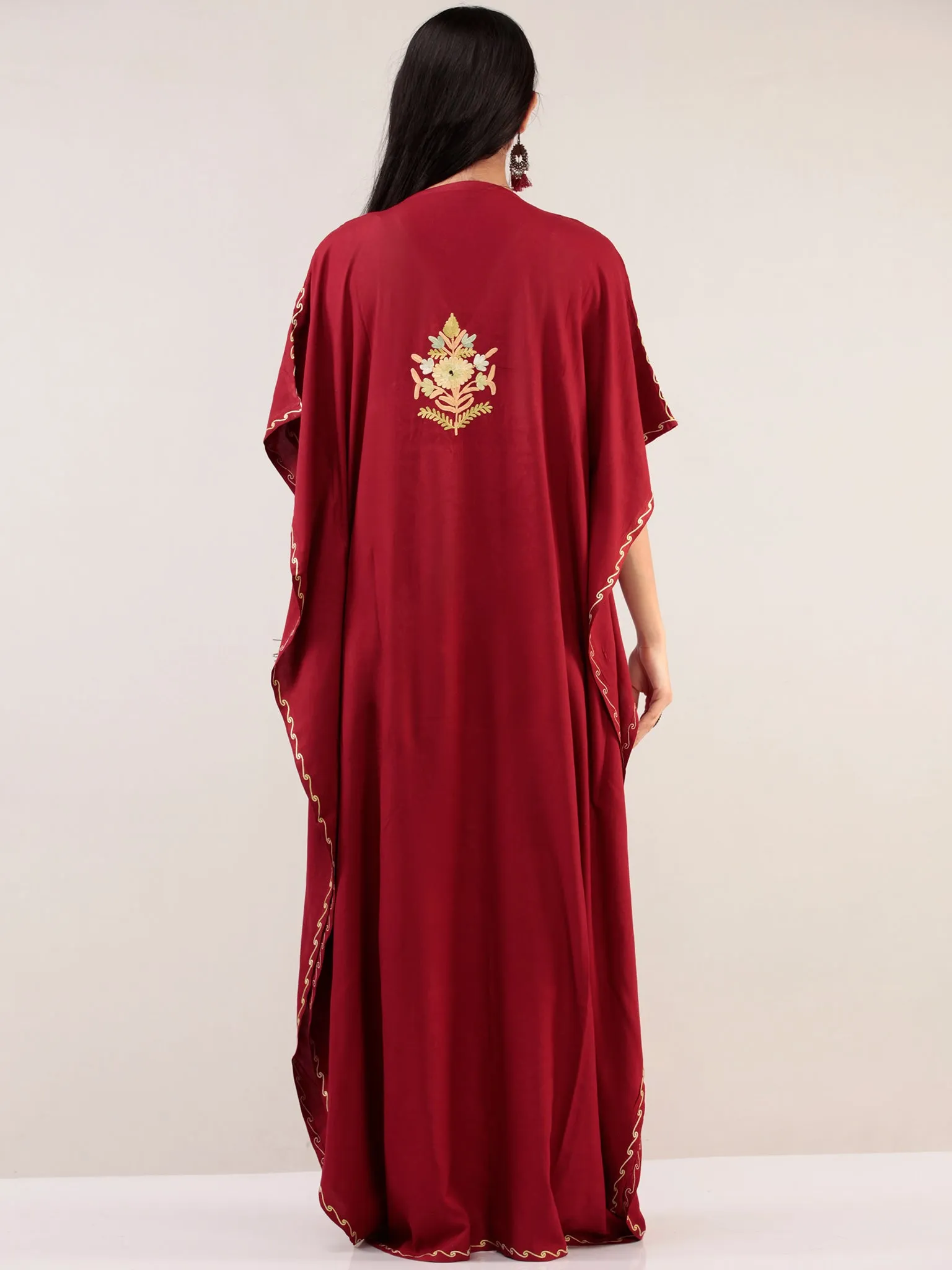 Maroon Aari Embroidered Kashmere Free Size Kaftan  - K12K026