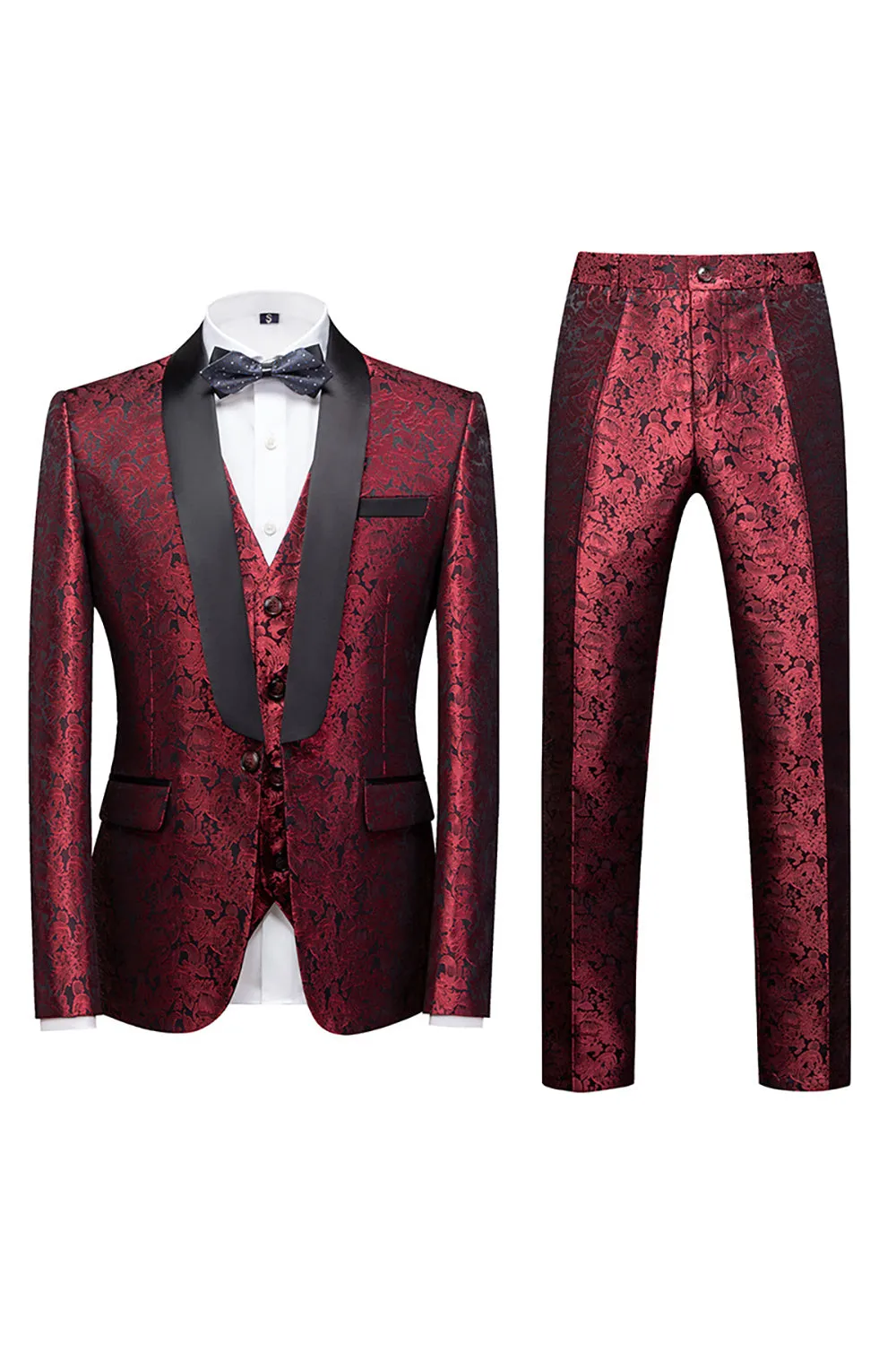 Men's Black Silm Fit 3 Piece Jacquard Shawl Lapel Wedding Suits