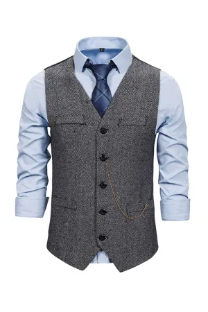 Men's V Neck Single Breasted Grey Casual Vest
