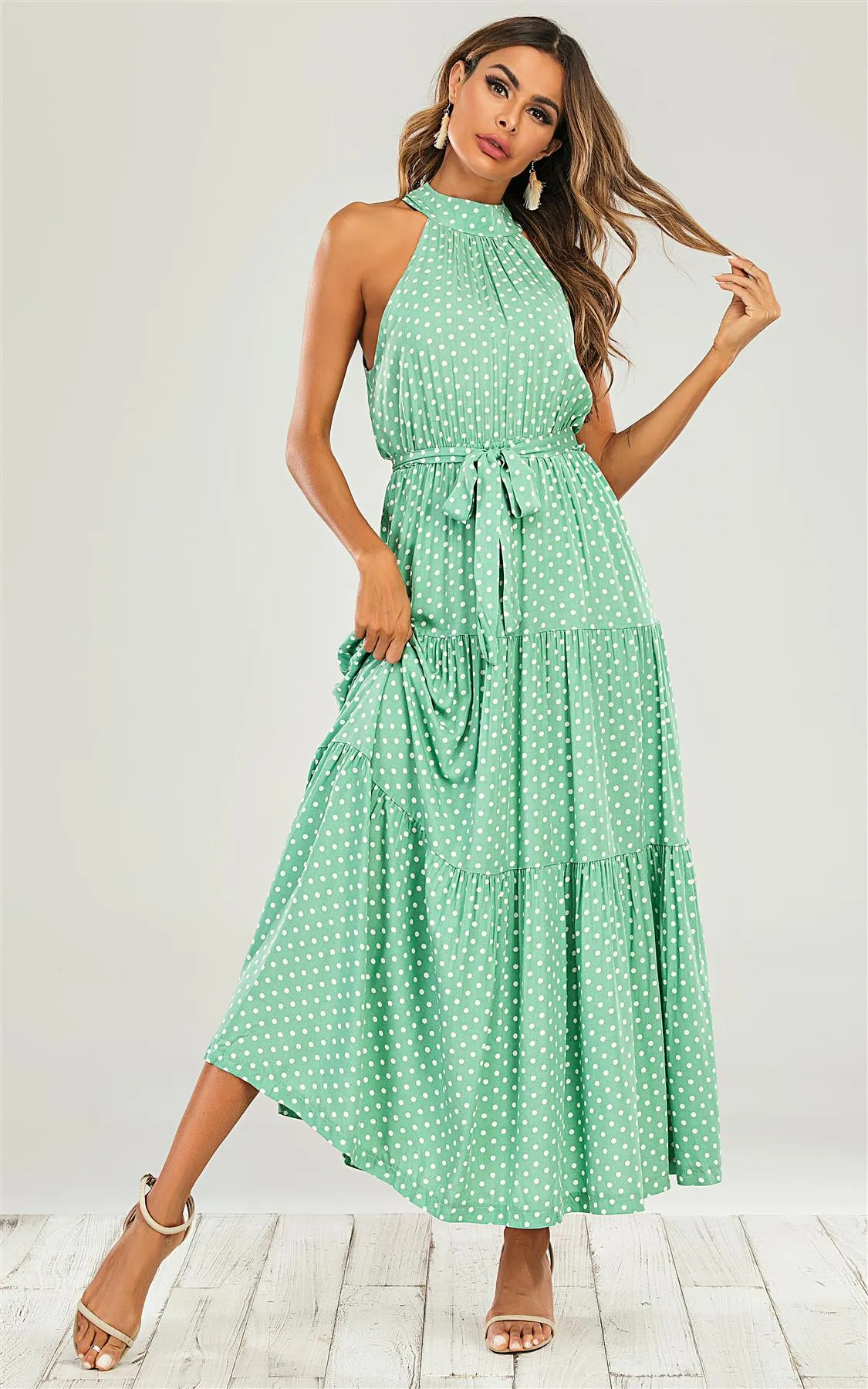 Mint Green Halter Neck White Polka Dot Midi Layer Dress