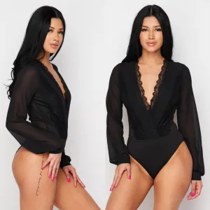 NAOMI Lace & Chiffon Bodysuit in BLACK
