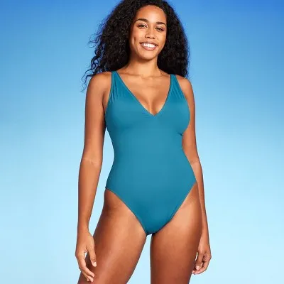 New - Shade & Shore Women's Shaping Plunge One Piece Swimsuit High Leg, Teal Blue M