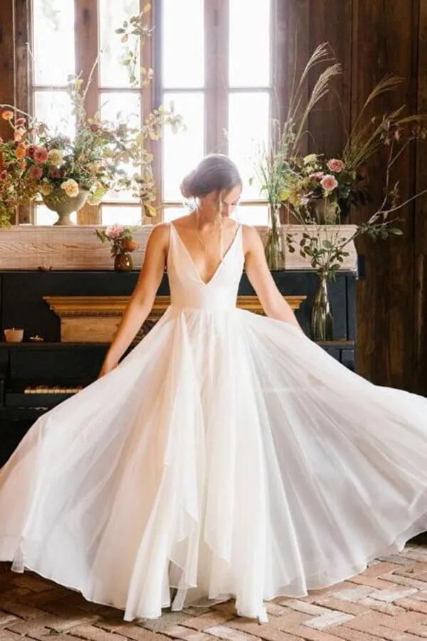 NumberSea Simple Chiffon A-line Sleeveless Beach Wedding Dresses, Bridal Gown, MW817