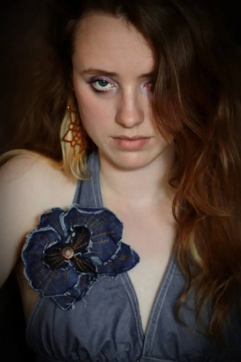 One of a kind Hand crafted denim orchid brooch