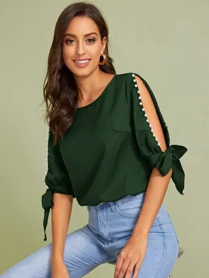 Pearls Beaded Split Knot Sleeve Blouse
