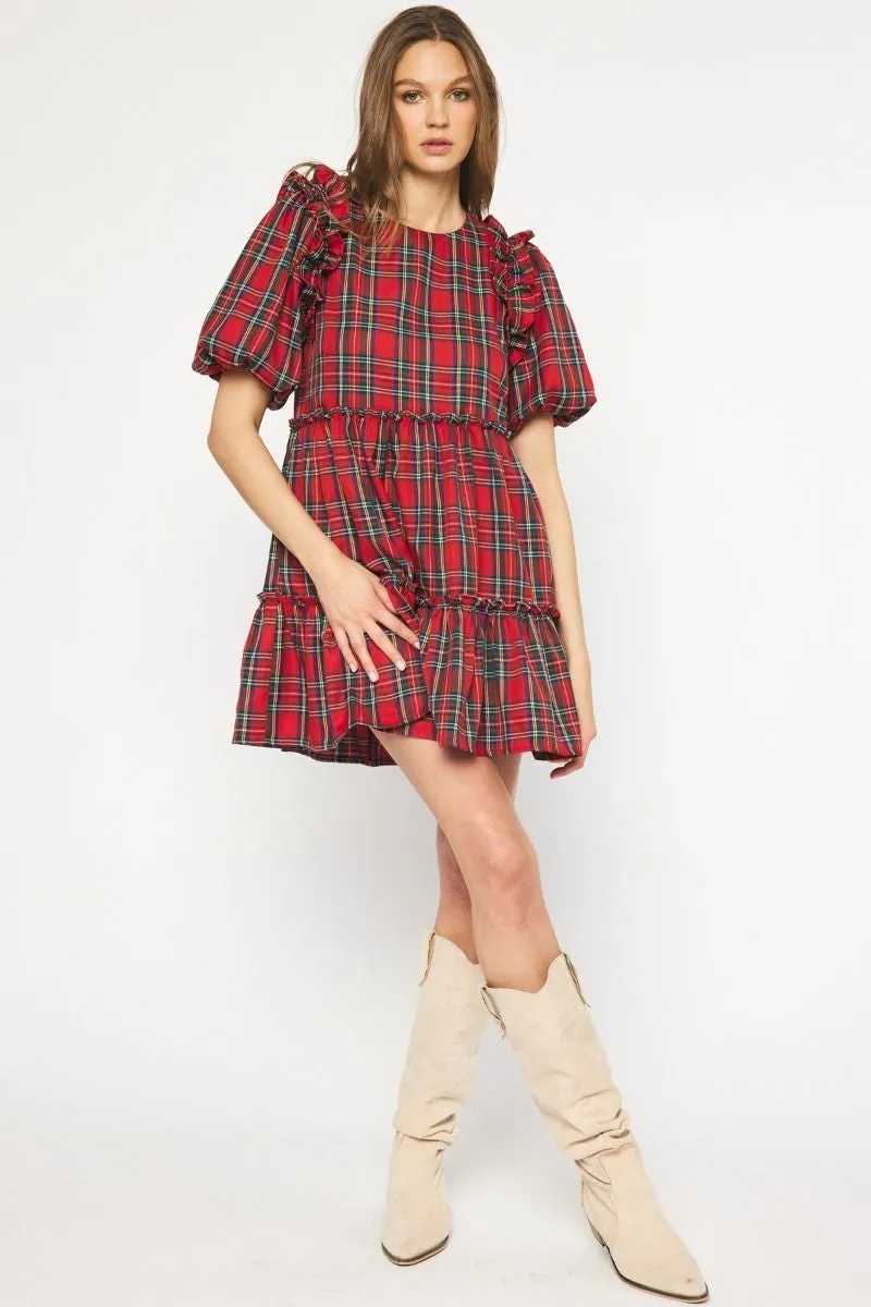 Plaid Short Sleeve Tiered Mini Dress w/ Ruffle Trim & Puff Sleeves