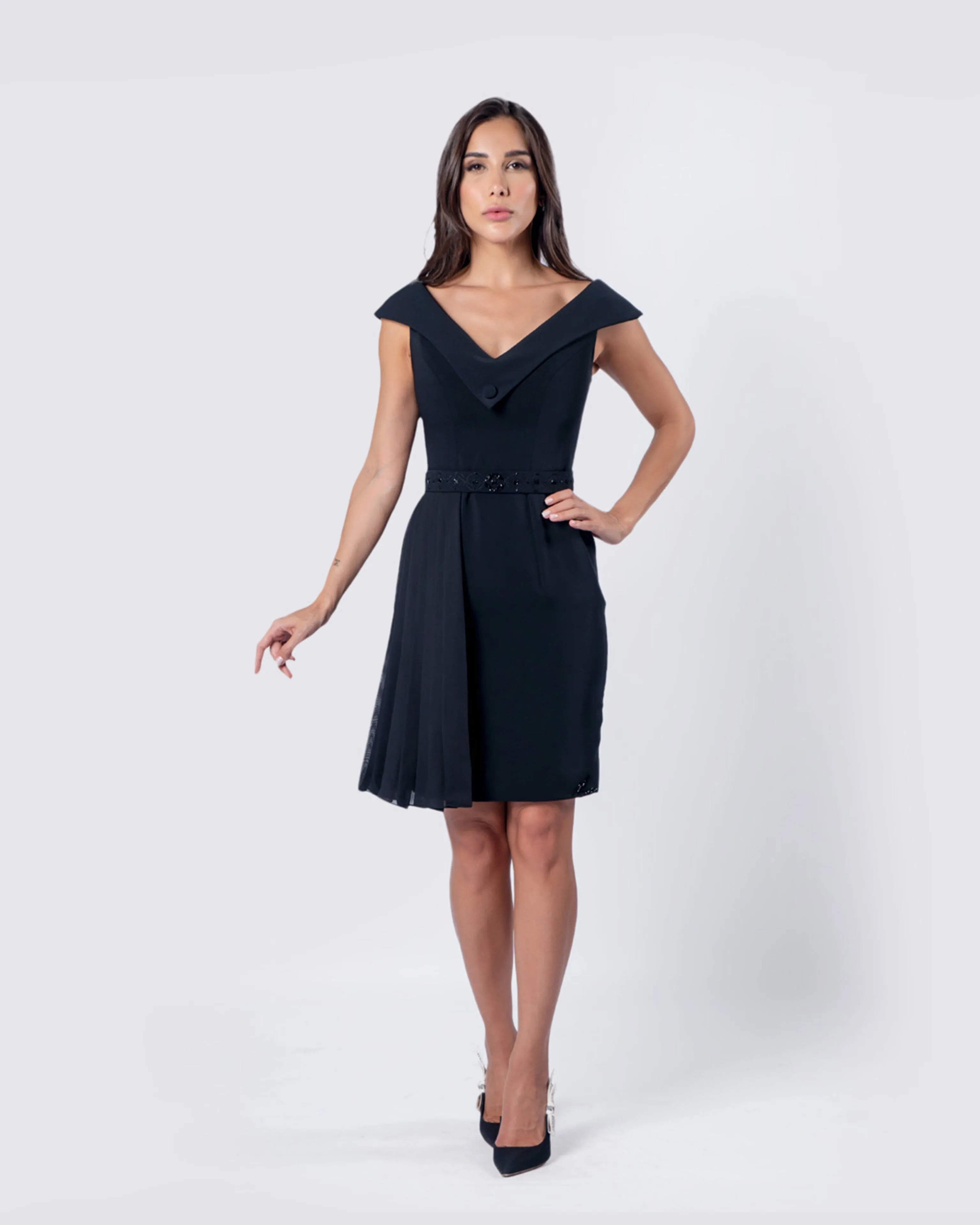Pleated Panel V Neck Torso Dress