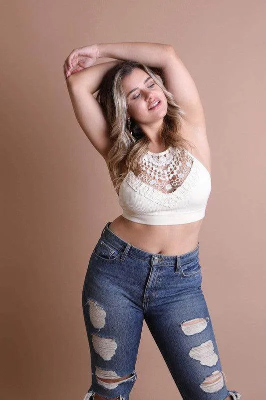 Plus Size Crochet Lace High Neck Bralette Top
