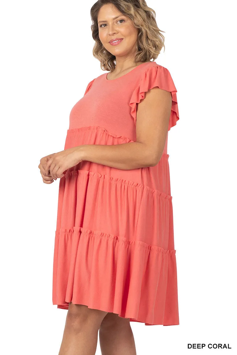 Plus Size Ruffle Sleeve Tiered A-Line Swing Summer Knee Length Midi Dress