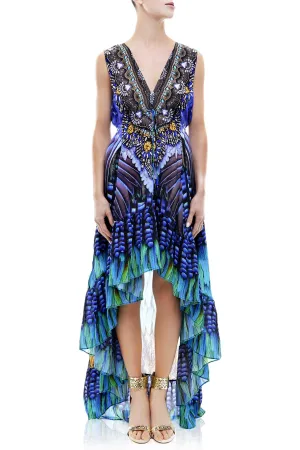 Printed Blue High Low Ruffle Dress