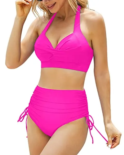 Retro Halter Tummy Control High Waisted Bikini Set For Women-Neon Pink