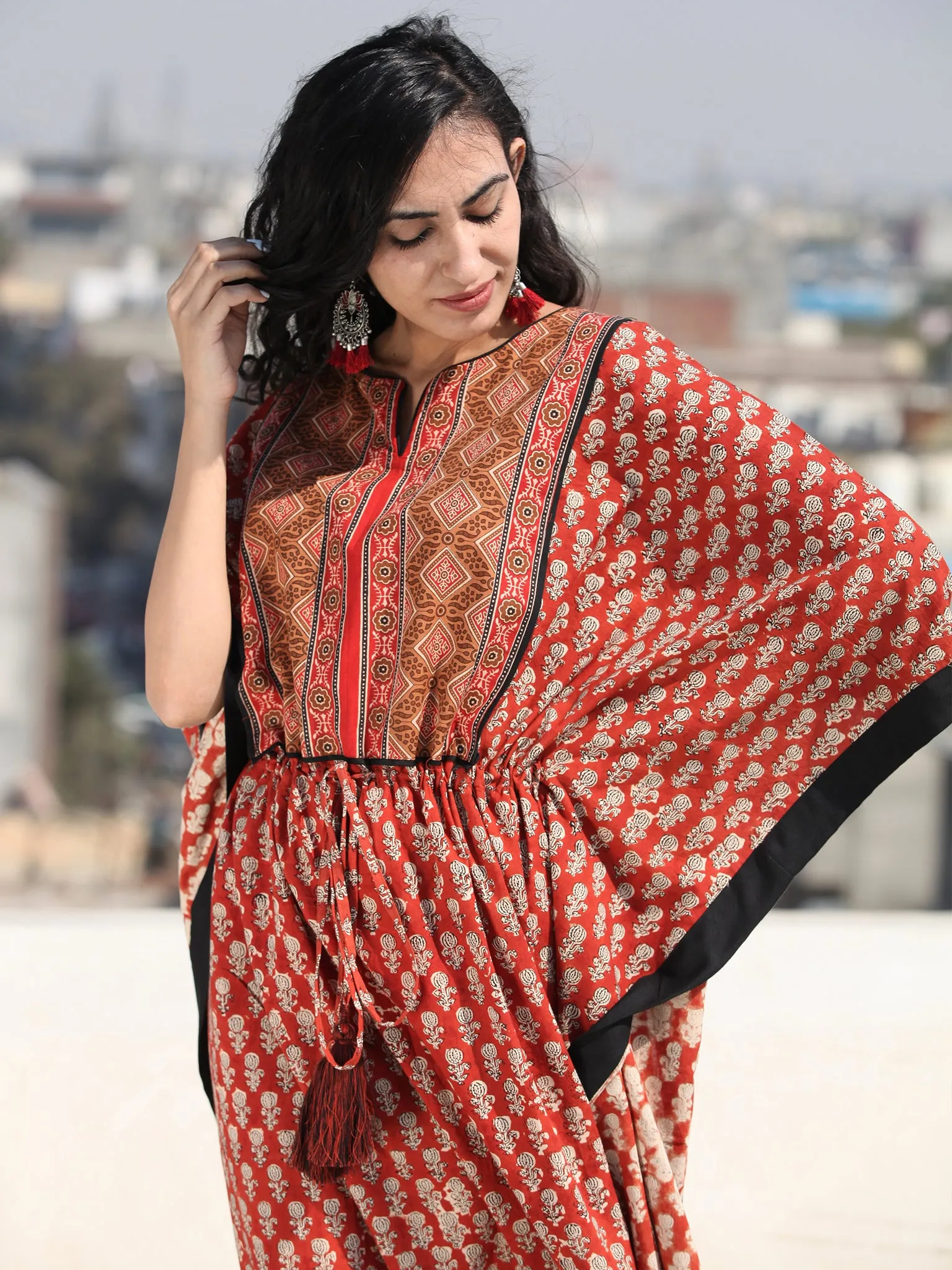 Rust Red Black Hand Block Printed Kaftan - K130F1737