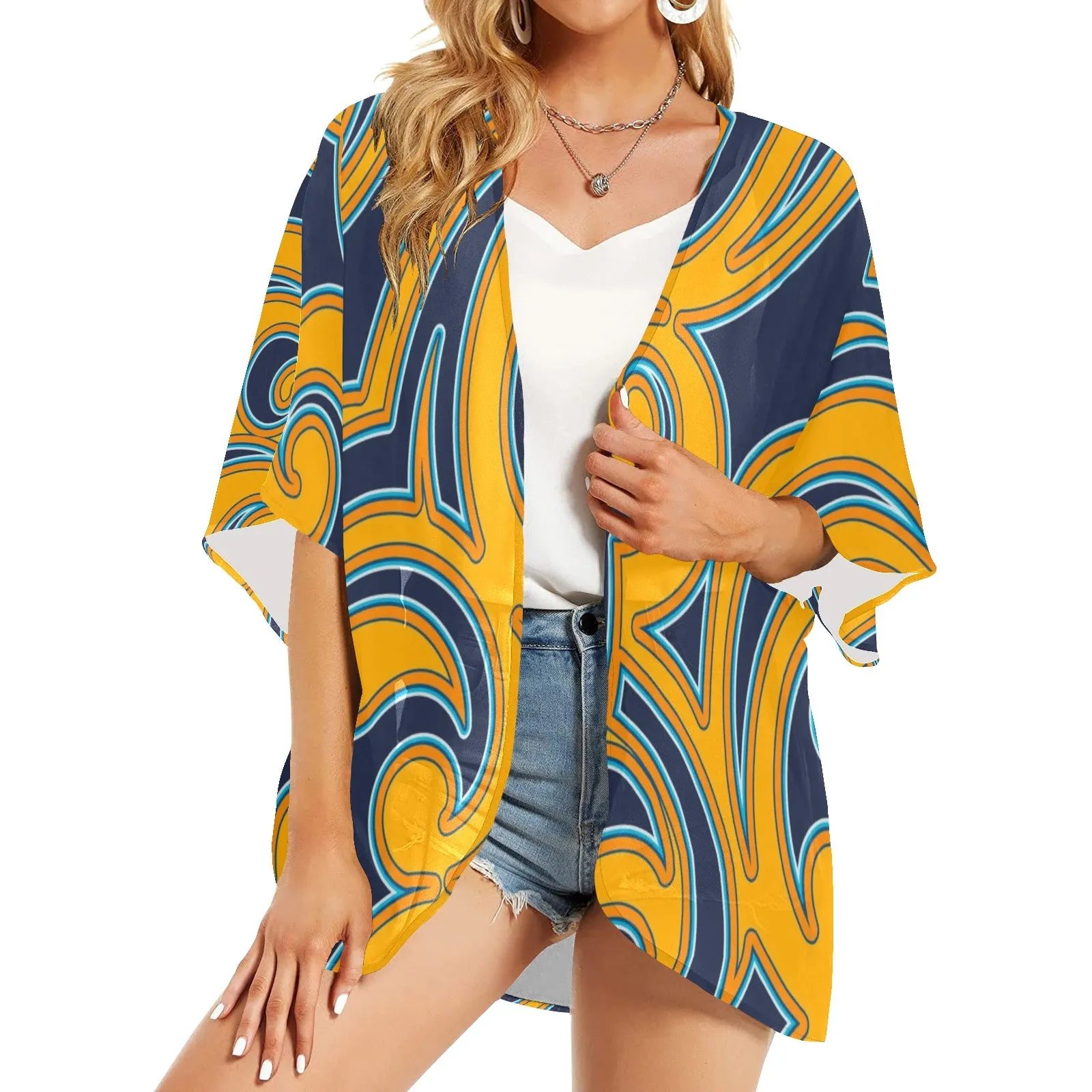 scroll turmeric blue stroke print Women's Kimono Chiffon Cover Up (Model H51)