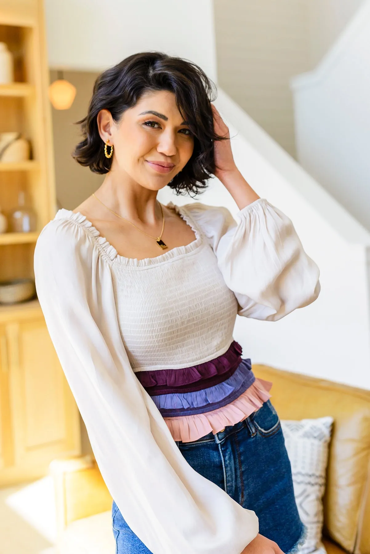 SHIRLEY SMOCKED RUFFLE BLOUSE