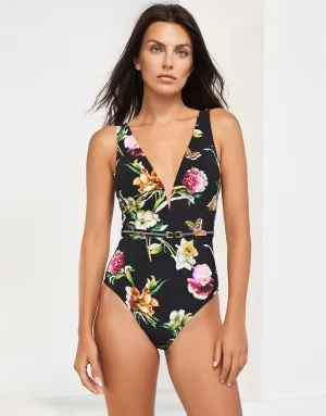 Siciliana Plunge Swimsuit - Black-Brights