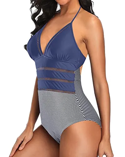 Slimming Silhouette Tie Monokini Halter One Piece Swimsuits-Blue White Stripe