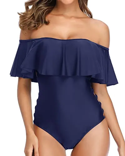 Strapless Flounce One Piece Ruffle Swimsuits For Women-Navy Blue