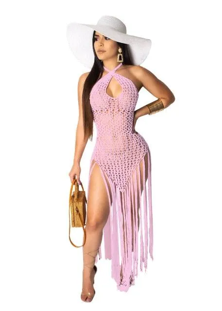 T-BOO  Crochet Fishnet Tassel Beach Dress Sexy Fashion Backless Halter Maxi Dress for Women Tunic Swimwear Outfits