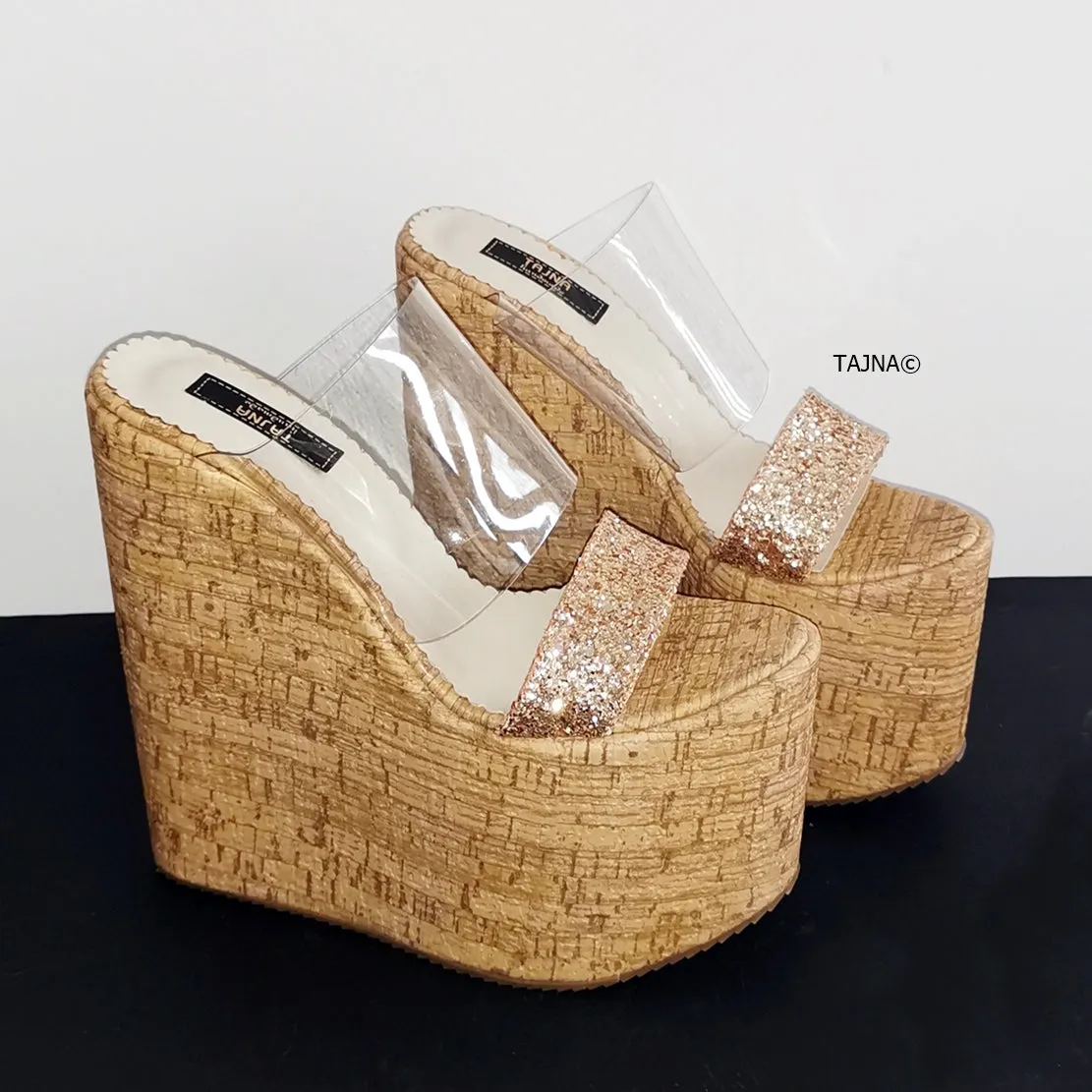Transparent Gold Glitter Heel Platform Wedges