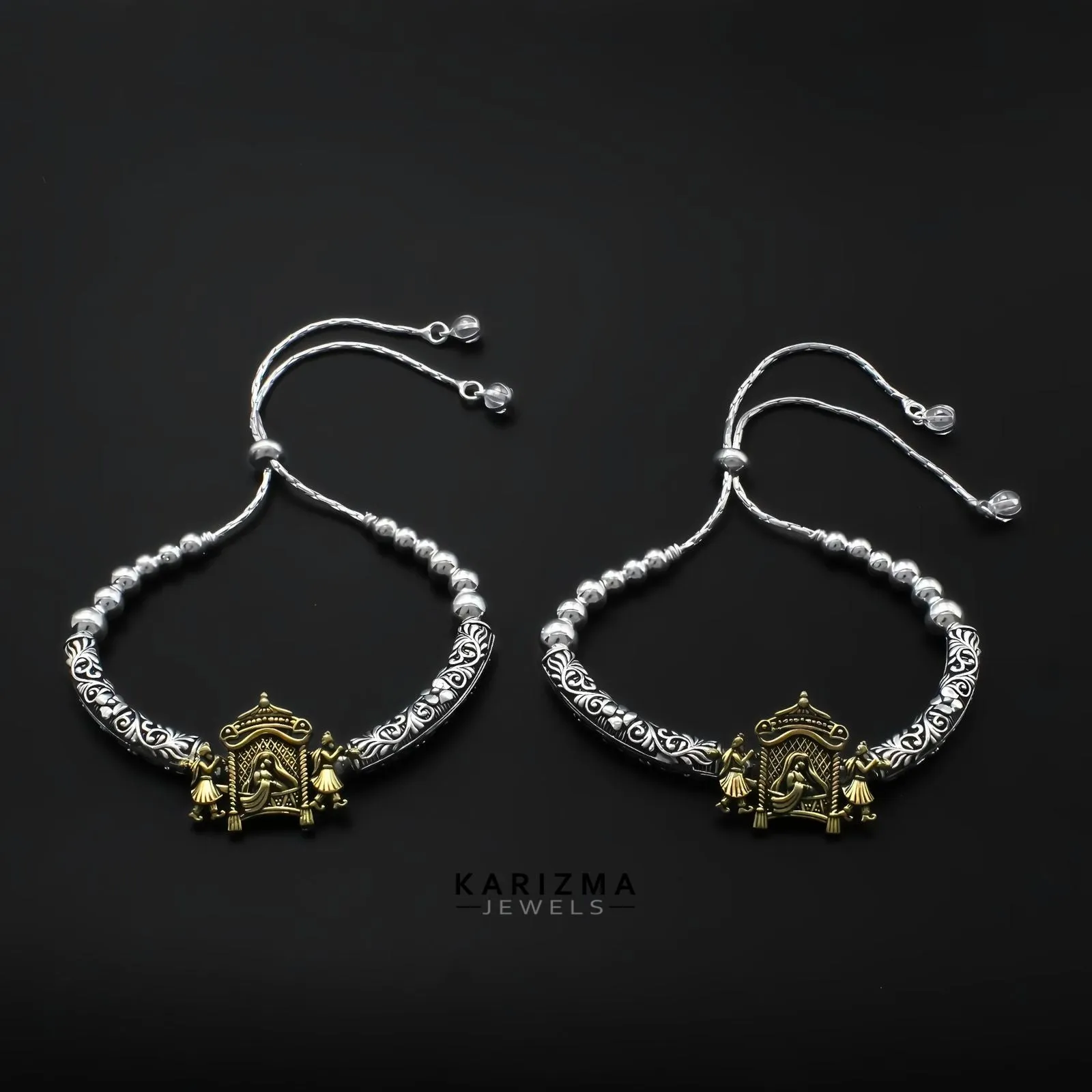 Two Tone Real Sterling Silver wedding women Oxidized Anklet Pair