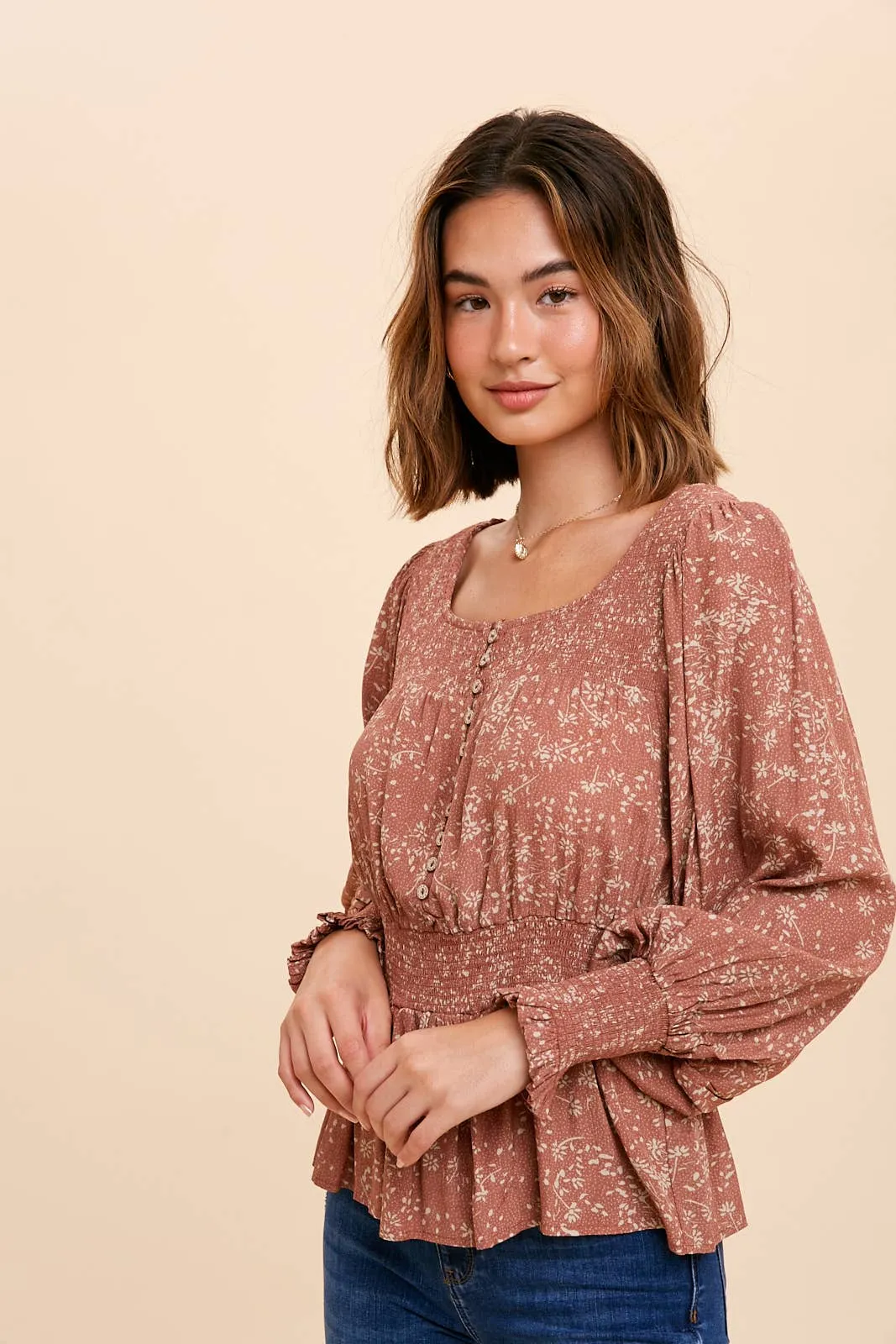Viscose Burnt Henna Smocked Peasant Top