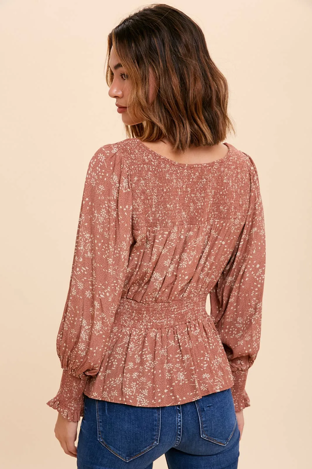 Viscose Burnt Henna Smocked Peasant Top
