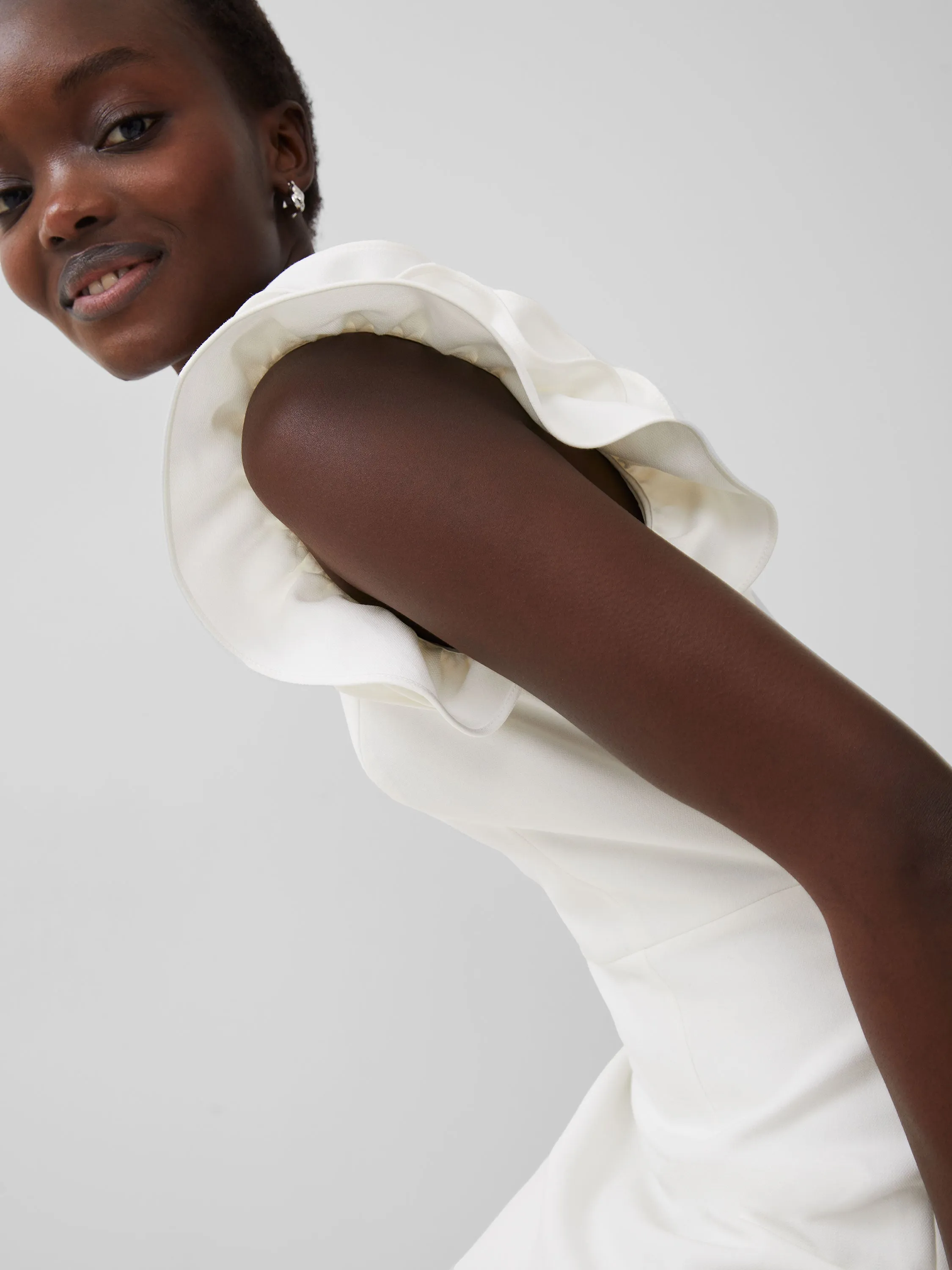 Whisper Sleeveless Ruffle Shoulder Dress