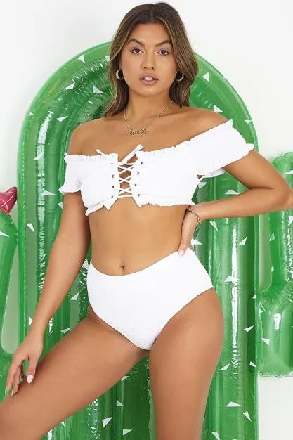 WHITE SHIRRED BARDOT LACE UP BIKINI TOP