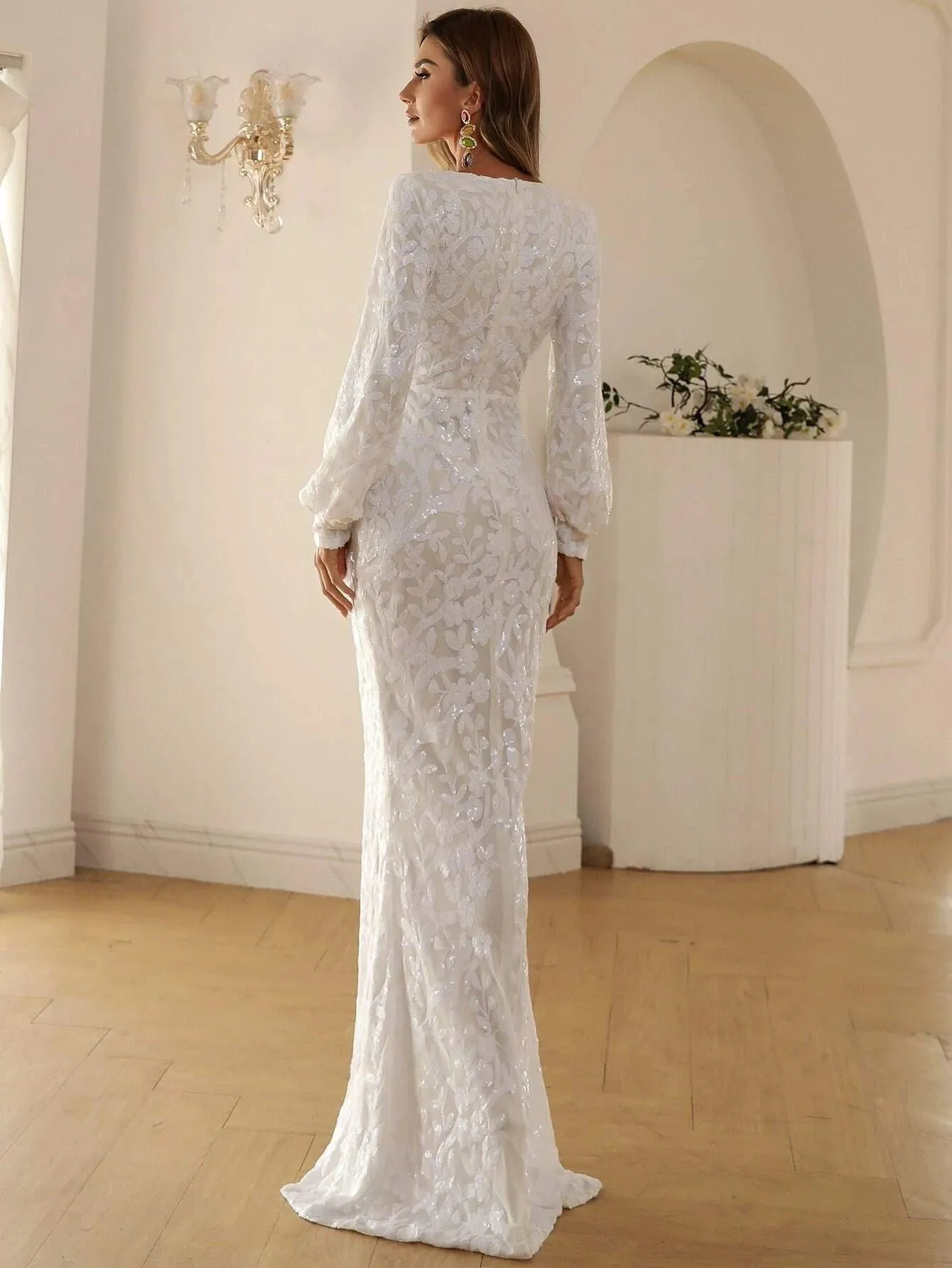 White Wrap Sequin Split Maxi Long Sleeve Dress M01207