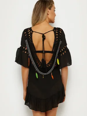 Wholesale Black Round Neck Half Sleeve Embroidered Backless Hollow Lace-Up Beach Dresses