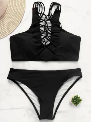 Wholesale Halter Sleeveless Crossed Front Backless Lace-Up Tie-Up Bodycon Two Piece Bikinis