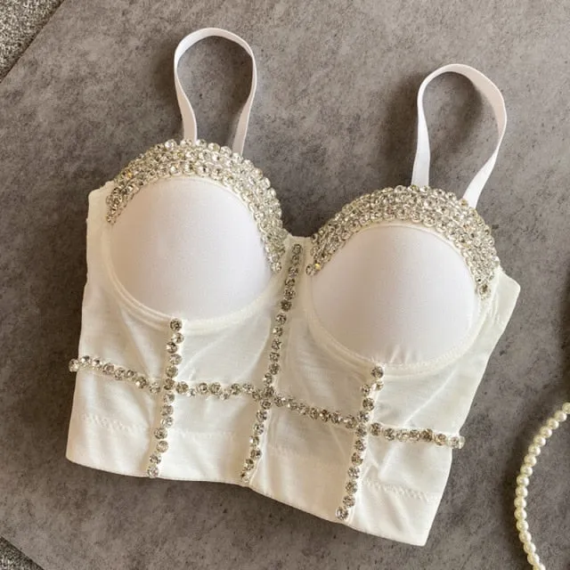 Wjczt Corset Top Women&#39;s  Push UP Retro Beads Diamonds Vest Sexy Camisole Ins Push-up Europen Bandeau Top Binder Bra Sling Tank Top