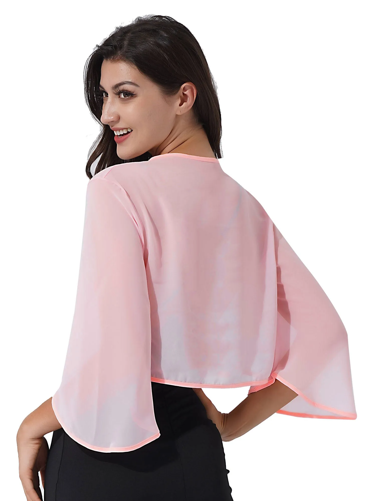 Women Chiffon Cardigan Bolero Shawls 3/4 Sleeve Solid Soft Cape Coat Wedding Bridal Party Dress Wraps Beach Vacation Cover Ups