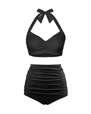 Women's Polyester And Spandex Quick Drying Retro Swimwear-Black