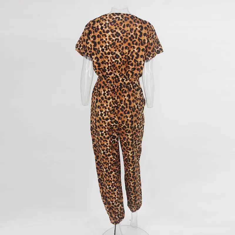 Women's Summer Casual Polyester Leopard Deep V-Neck Jumpsuit